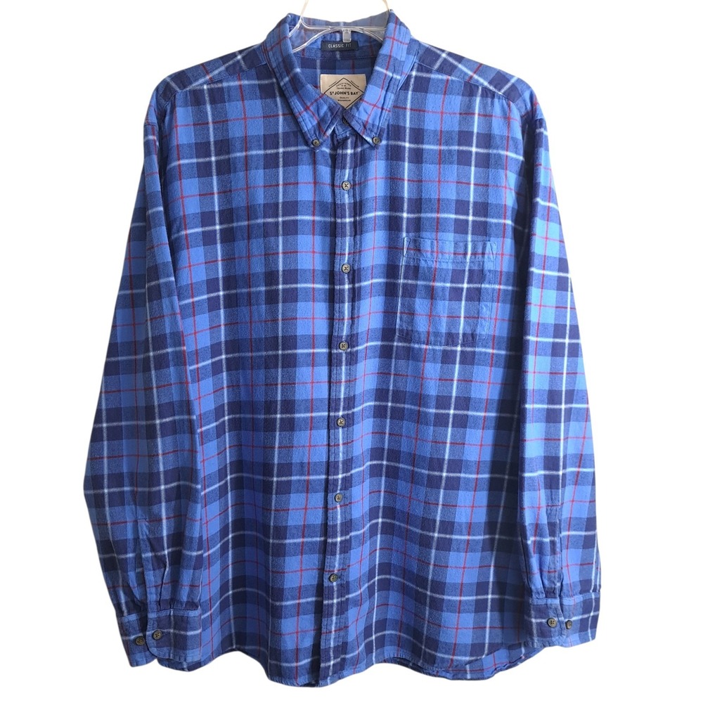 ST JOHN'S BAY Classic Fit Men's Button-Down Plaid Shirt Blue Flannel Size XXL